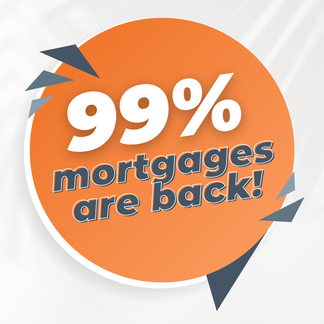 A photo design advising clients that the 99% mortgages are now back on the mortgage market.