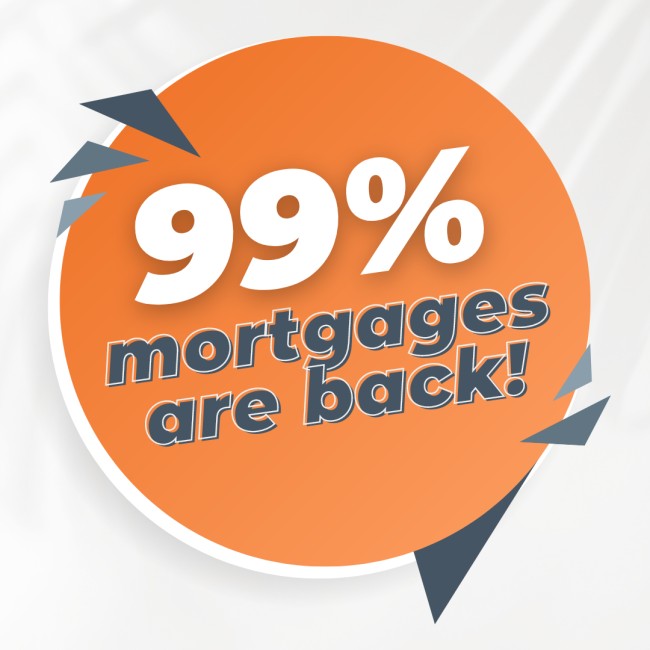 A photo design advising clients that the 99% mortgages are now back on the mortgage market.