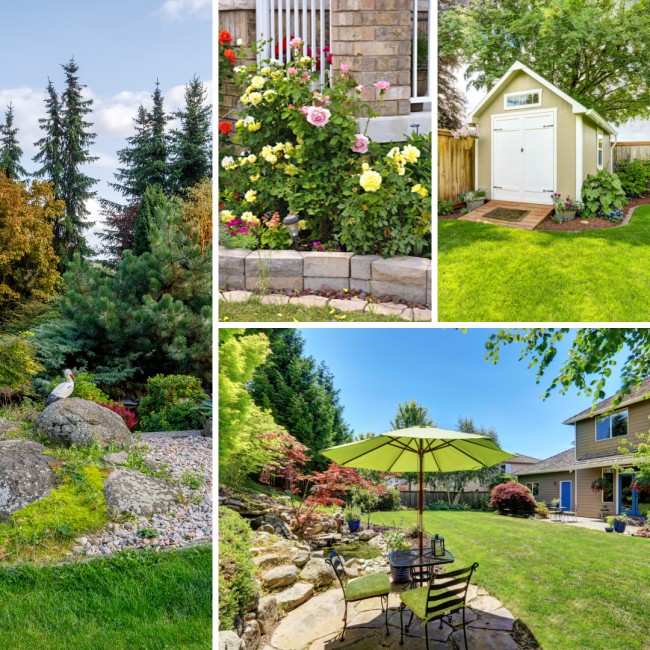 This is a collage of photos. They show: green rose bushes with beautiful flowers; a handy shed on a green lawn; garden trees including evergreens and Christmas trees; leisure garden furniture that include chairs, a table and an umbrella.