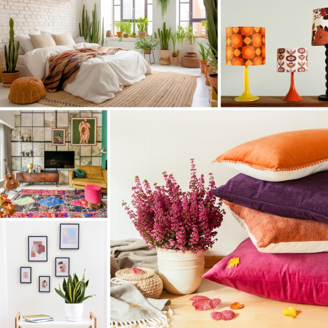 This is a collage of five photos. They show: a bedroom with a double or king size bed and a lot of green plants; a selection of colourful bed side lamps with quirky lampshades; a living room/lounge with a sofa with bright cushions & pictures on the wall.